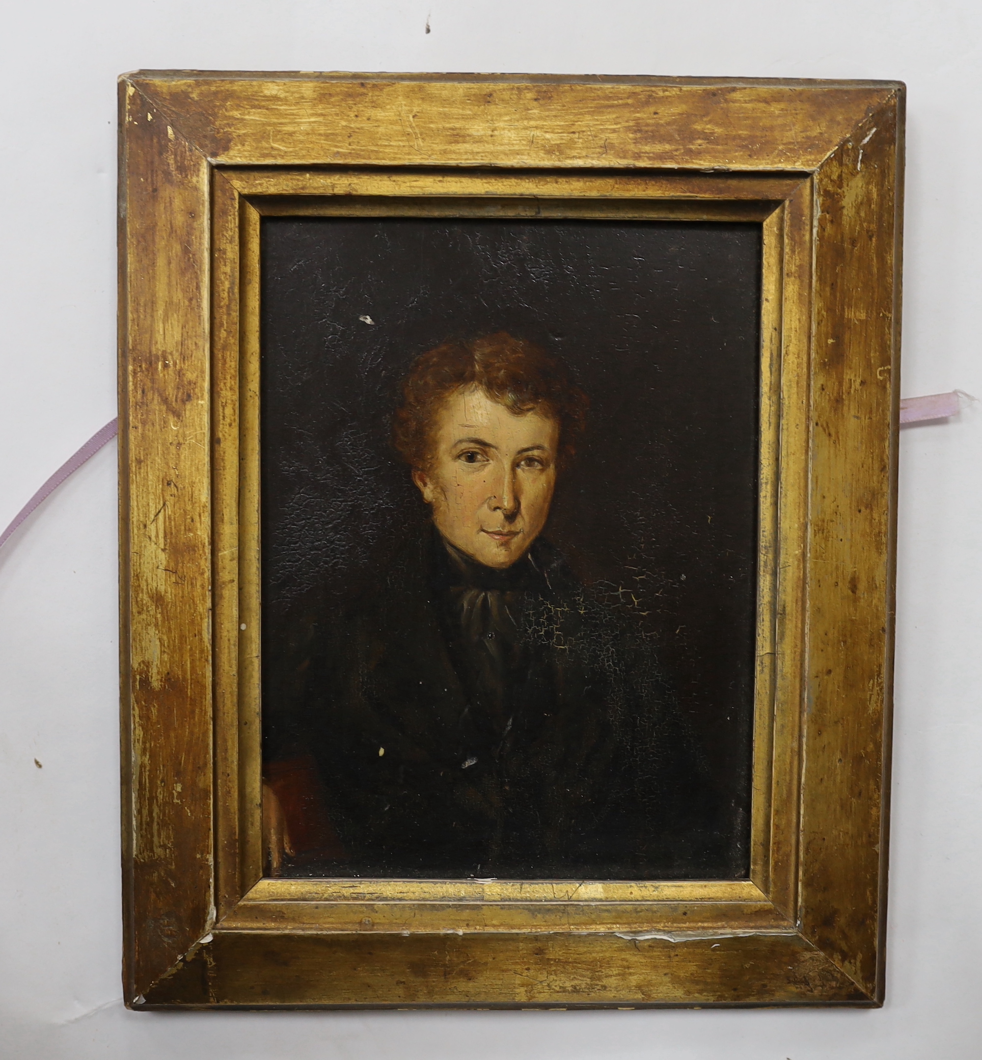 19th century English School, oil on board, portrait of a young gentleman, 17 x 12.5cm